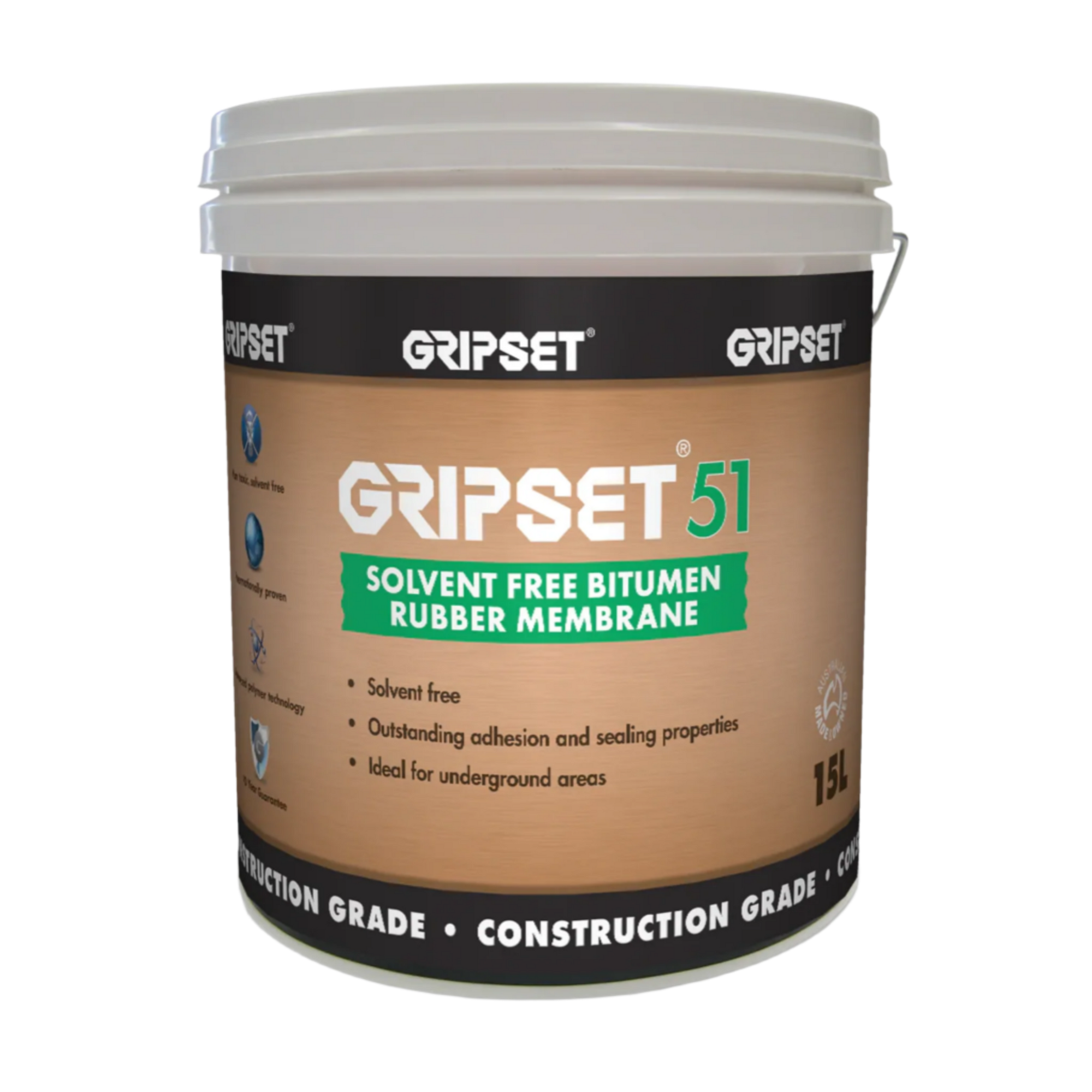 15L Gripset 51 pail, solvent-free bitumen rubber waterproofing membrane for retaining walls, basements & crack-bridging.