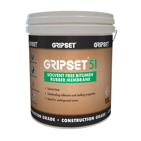 15L Gripset 51 pail, solvent-free bitumen rubber waterproofing membrane for retaining walls, basements & crack-bridging.