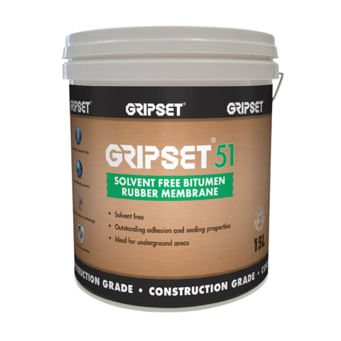 15L Gripset 51 pail, solvent-free bitumen rubber waterproofing membrane for retaining walls, basements & crack-bridging.