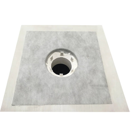 GRIPSET BRW PF Square: grey fabric-faced butyl pad over puddle flange for instant primerless joint sealing in waterproofing.