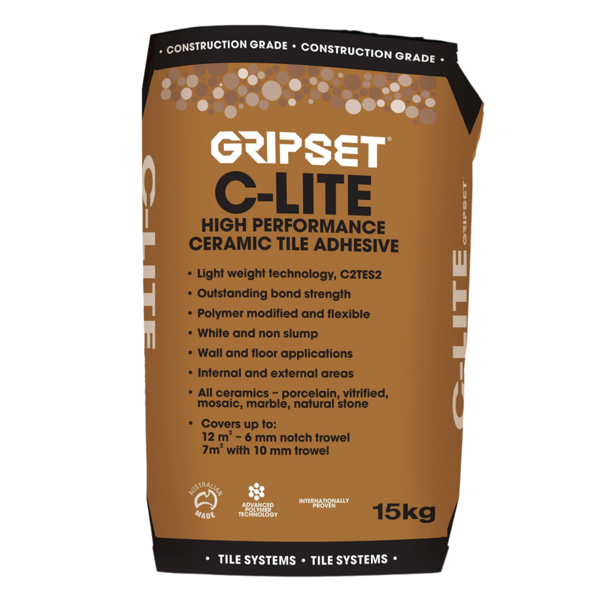 Gripset C-Lite 15kg bag: C2TES2 flexible non-slump tile adhesive for large-format tiles, wet areas, pools.