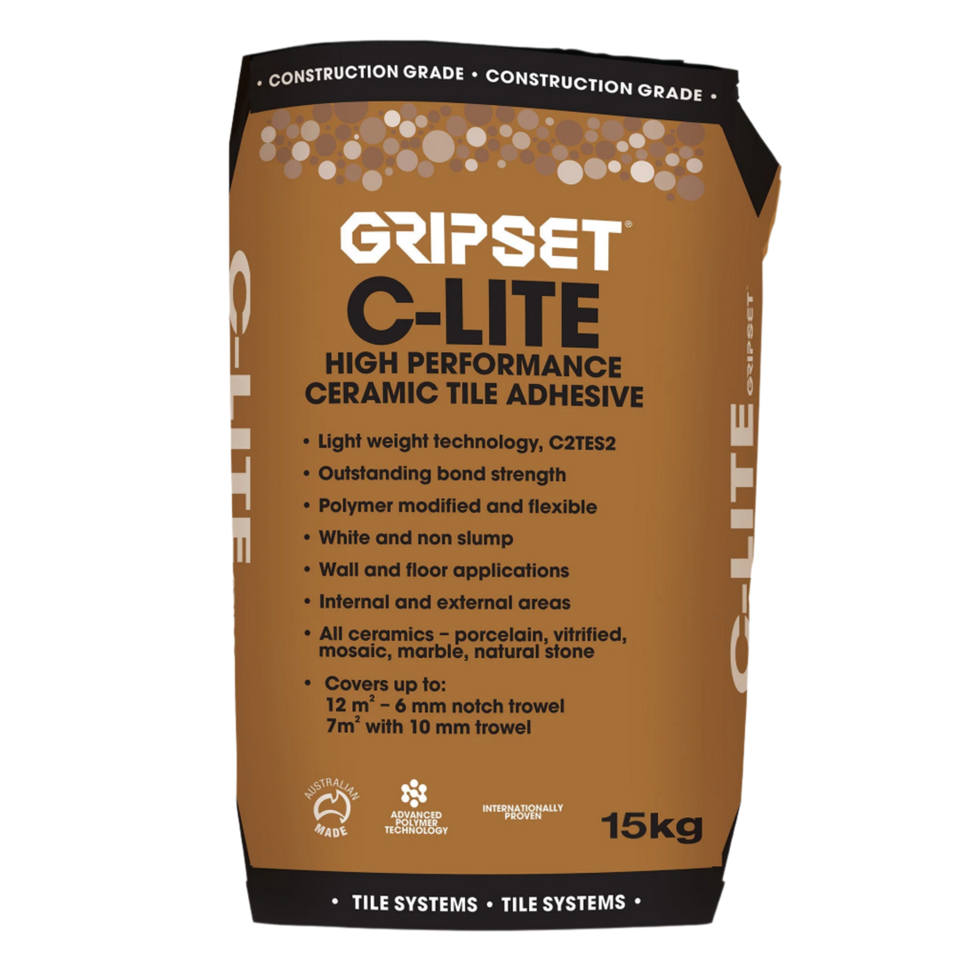 Gripset C-Lite 15kg bag: C2TES2 flexible non-slump tile adhesive for large-format tiles, wet areas, pools.