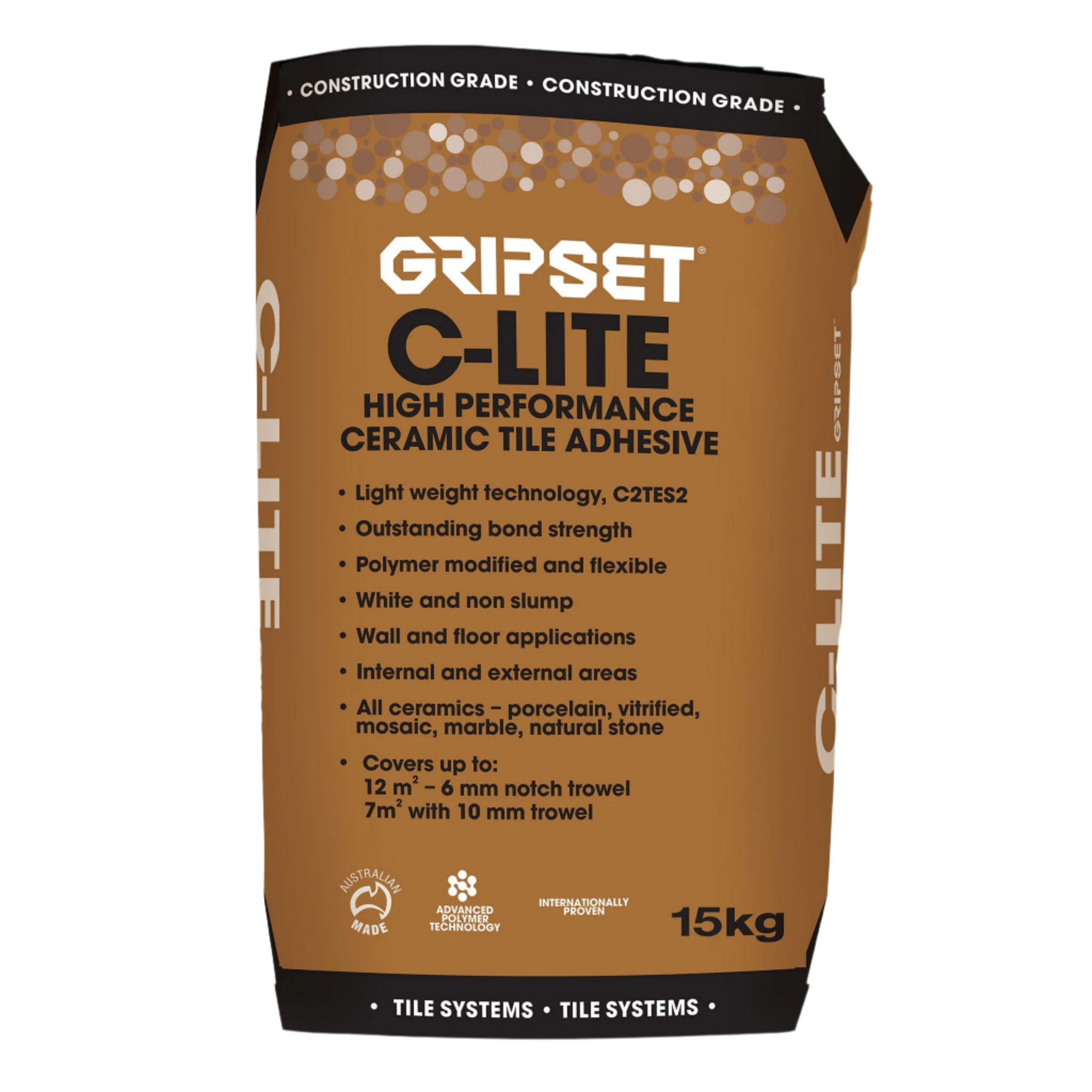 Gripset C-Lite 15kg bag: C2TES2 flexible non-slump tile adhesive for large-format tiles, wet areas, pools.