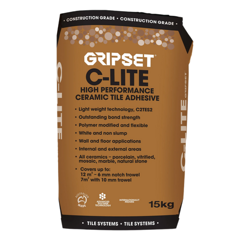 Gripset C-Lite 15kg bag: C2TES2 flexible non-slump tile adhesive for large-format tiles, wet areas, pools.