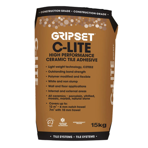 Gripset C-Lite 15kg bag: C2TES2 flexible non-slump tile adhesive for large-format tiles, wet areas, pools.