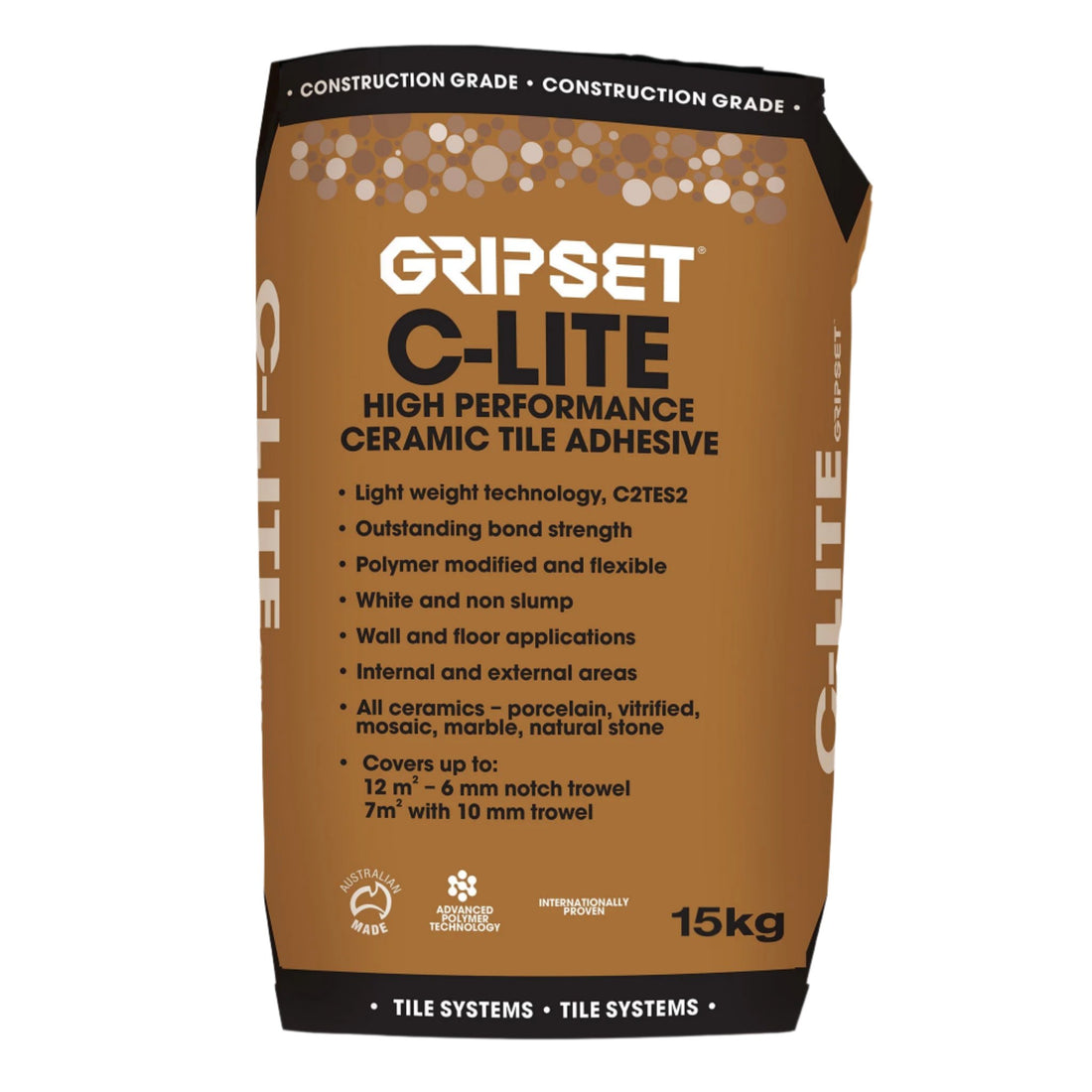 Gripset C-Lite 15kg bag: C2TES2 flexible non-slump tile adhesive for large-format tiles, wet areas, pools.
