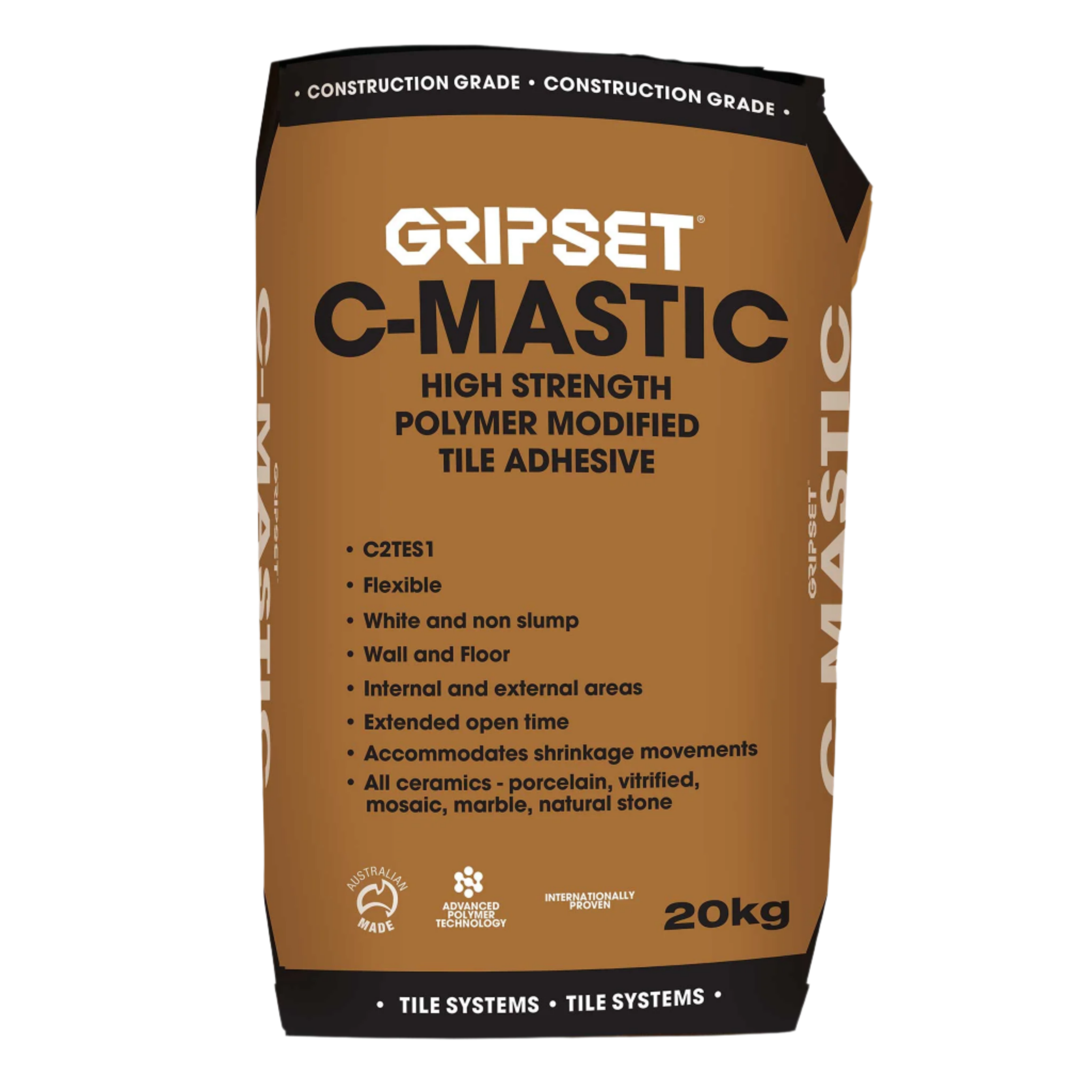 20kg Gripset C-Mastic bag: C2S1 non-slump tile adhesive for secure large format tile bonds over waterproofing membranes, p...