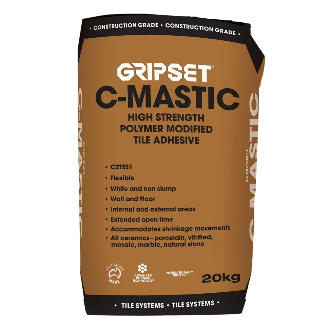 20kg Gripset C-Mastic bag: C2S1 non-slump tile adhesive for secure large format tile bonds over waterproofing membranes, p...