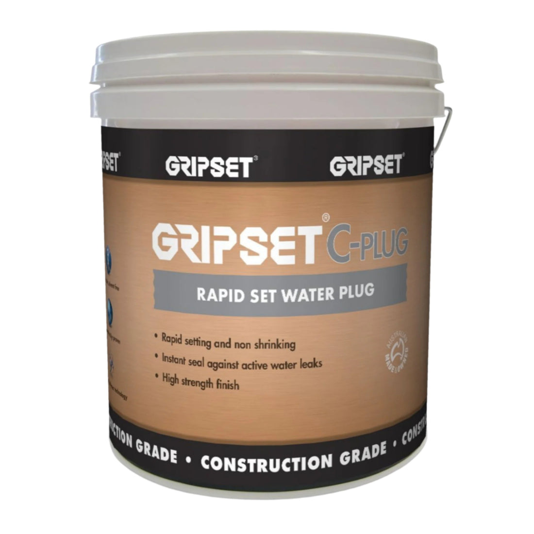 Gripset C-Plug pail: rapid-set non-shrink cement plugs active water leaks in concrete instantly, 35 MPa strength.