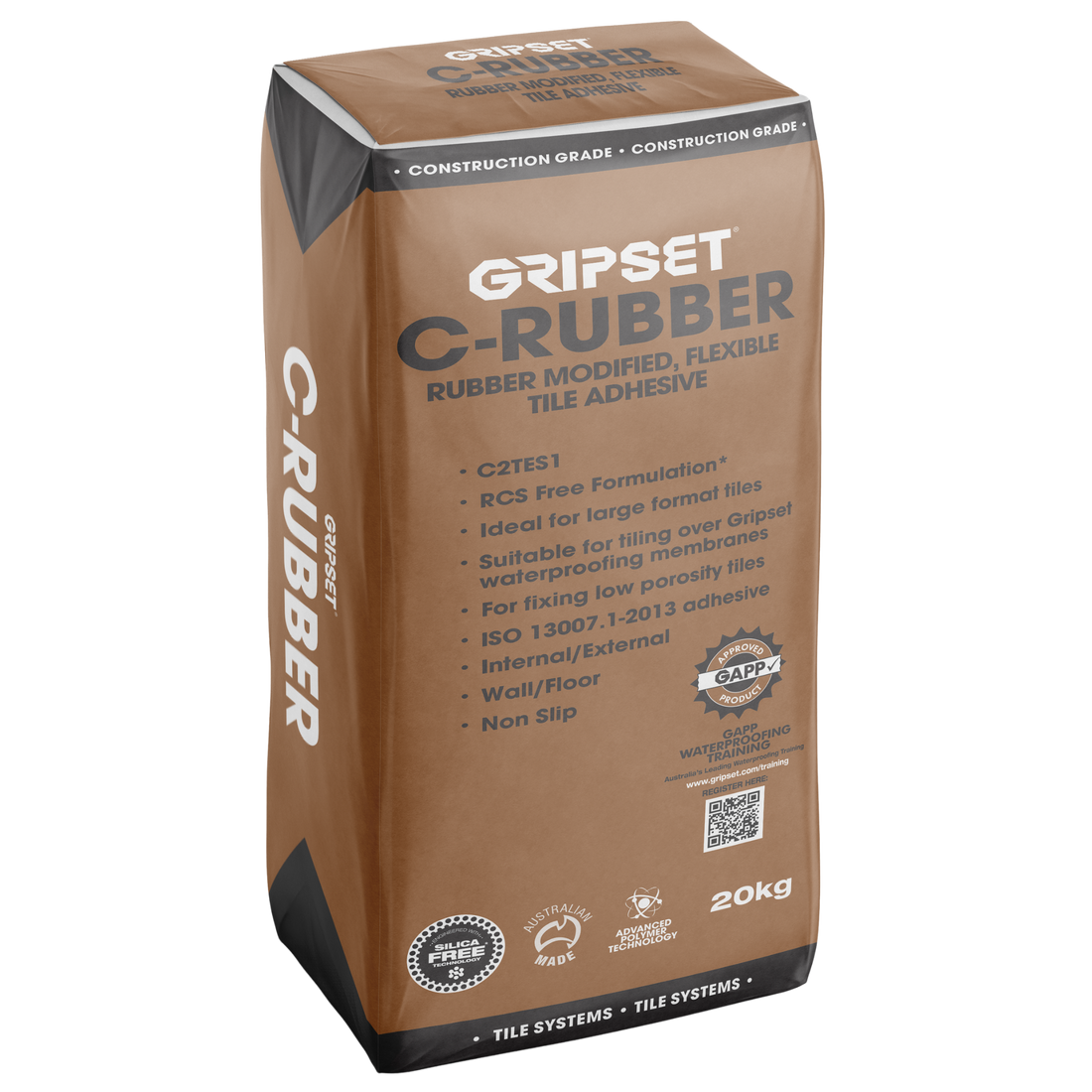 Gripset C-Rubber 20kg bag: rubber modified C2TES1 tile adhesive for secure bonding over waterproofing membranes, internal/...