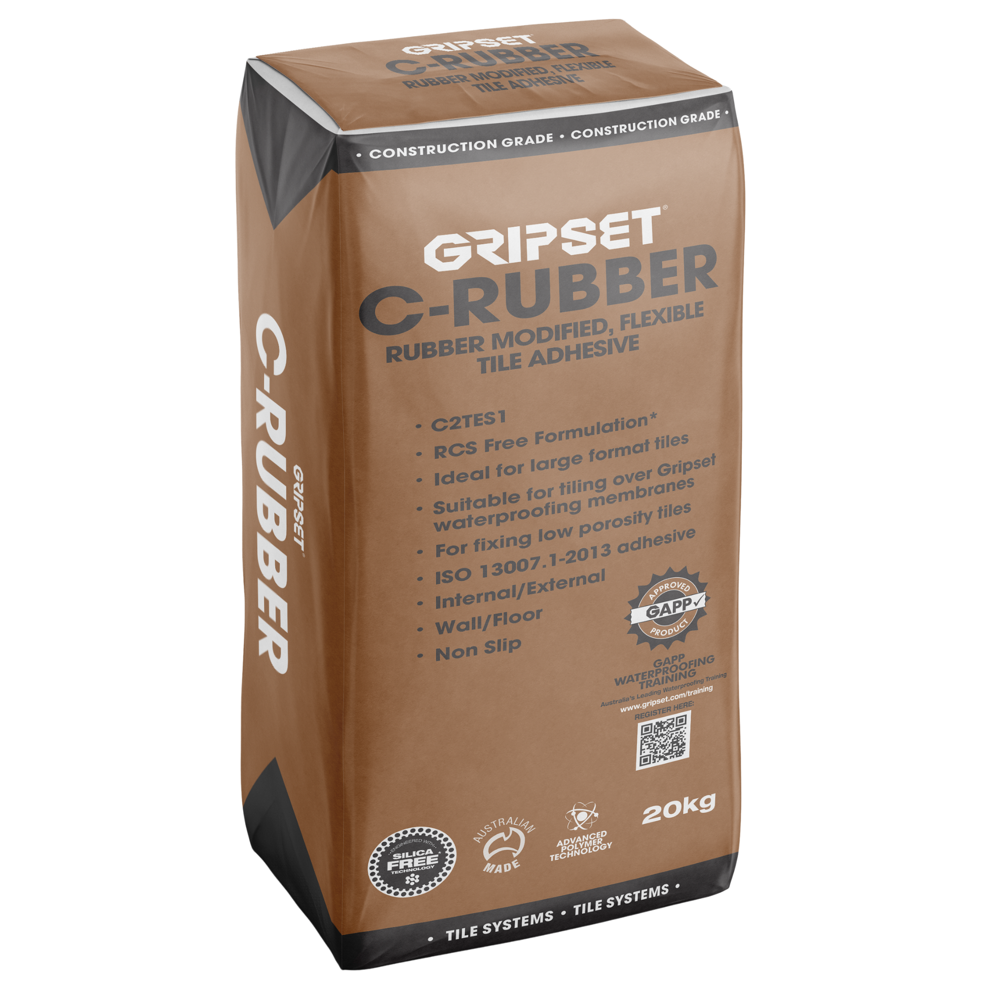 Gripset C-Rubber 20kg bag: rubber modified C2TES1 tile adhesive for secure bonding over waterproofing membranes, internal/...