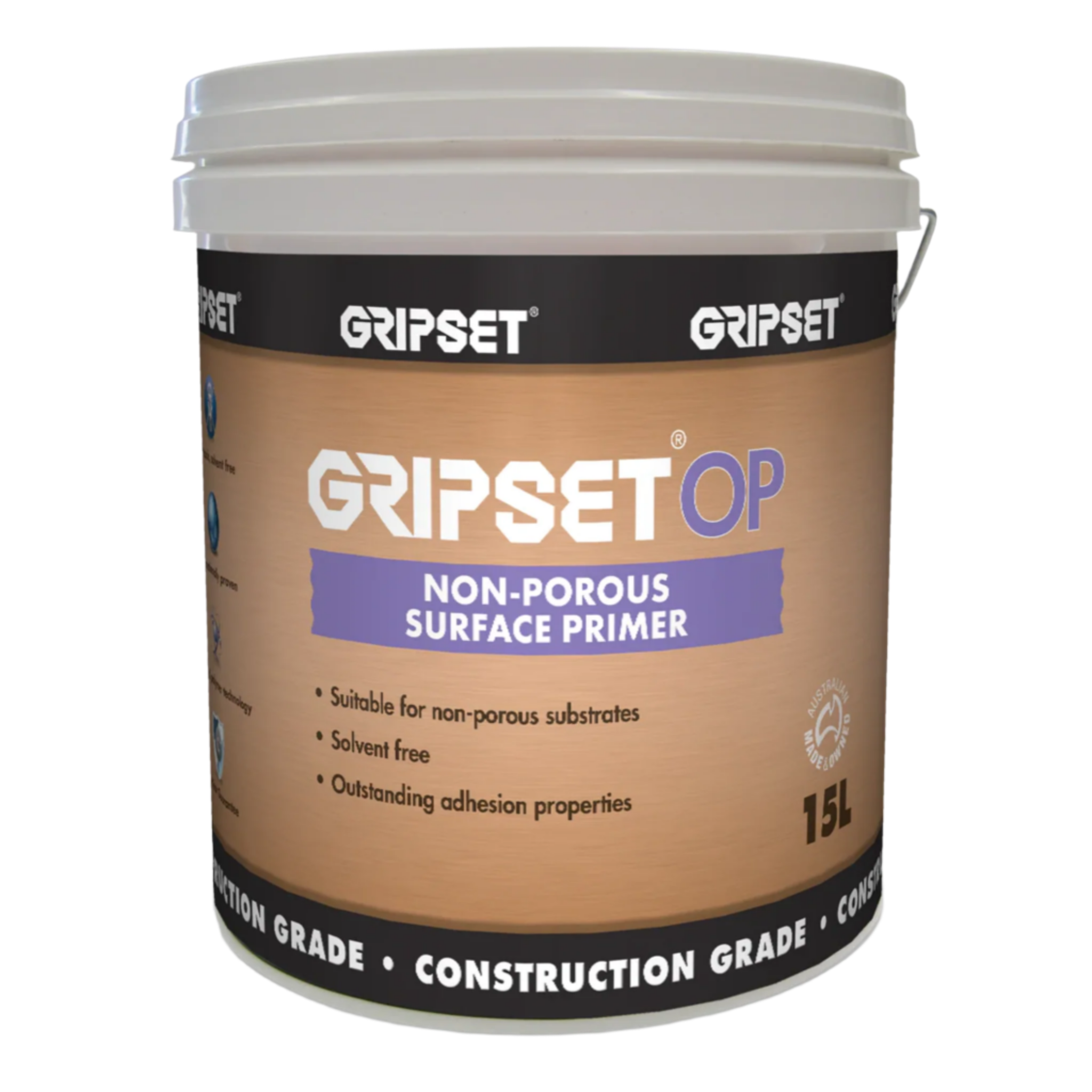 15L Gripset OP solvent-free primer pail primes non-porous substrates for secure bond with waterproofing membranes, tile ad...