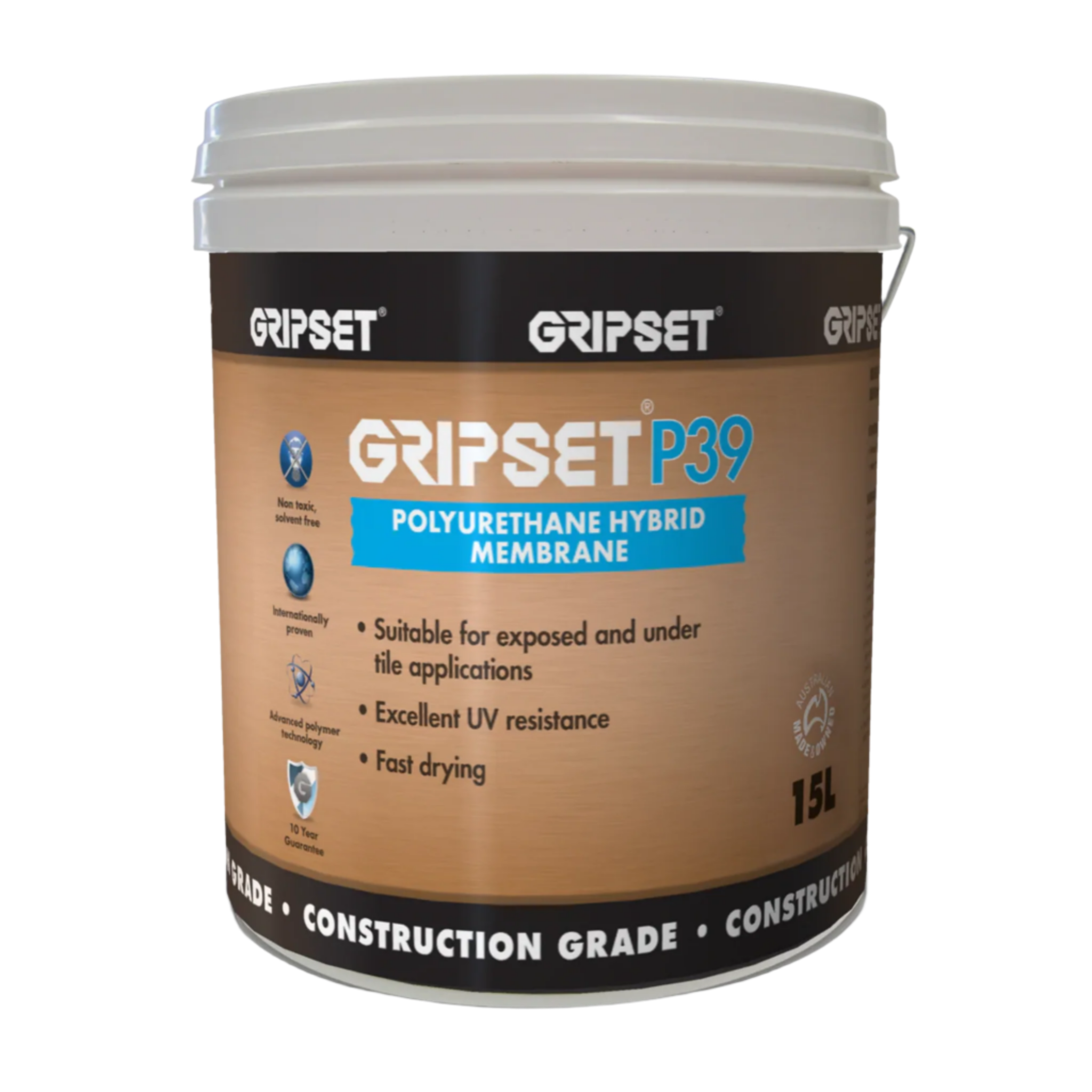 Gripset P39 15L fibre-reinforced polyurethane hybrid waterproofing membrane for wet areas, balconies, roofs, UV stable.