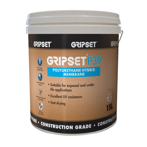 Gripset P39 15L fibre-reinforced polyurethane hybrid waterproofing membrane for wet areas, balconies, roofs, UV stable.