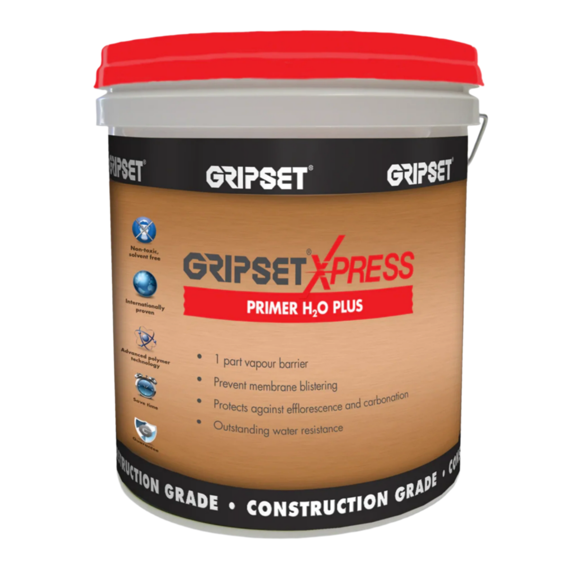 Gripset Xpress Primer H2O Plus red-lid pail: water-based primer seals damp surfaces, prevents waterproofing membrane blist...