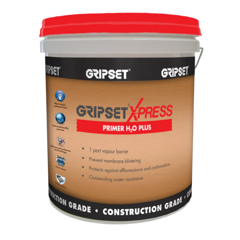 Gripset Xpress Primer H2O Plus red-lid pail: water-based primer seals damp surfaces, prevents waterproofing membrane blist...