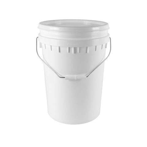 Heavy-duty 20L white HDPE pail with leak-proof lid & handle for storing polyurethane sealants & waterproofing membranes.