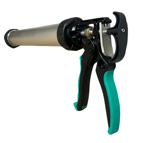 Heavy-duty aluminum sausage caulking gun with TPR grips for precise 600ml sealant dispensing in waterproofing and joint se...