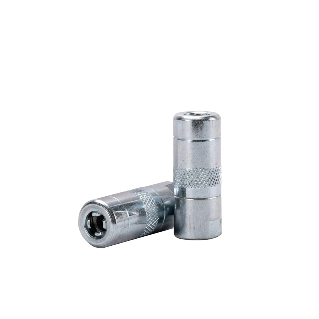 Pair of silver zinc-plated straight grease zerk fittings with knurled grip for easy install