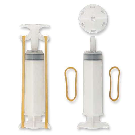 Low-pressure 50ml injection syringe with pedestal and bands for precise epoxy concrete crack repair.