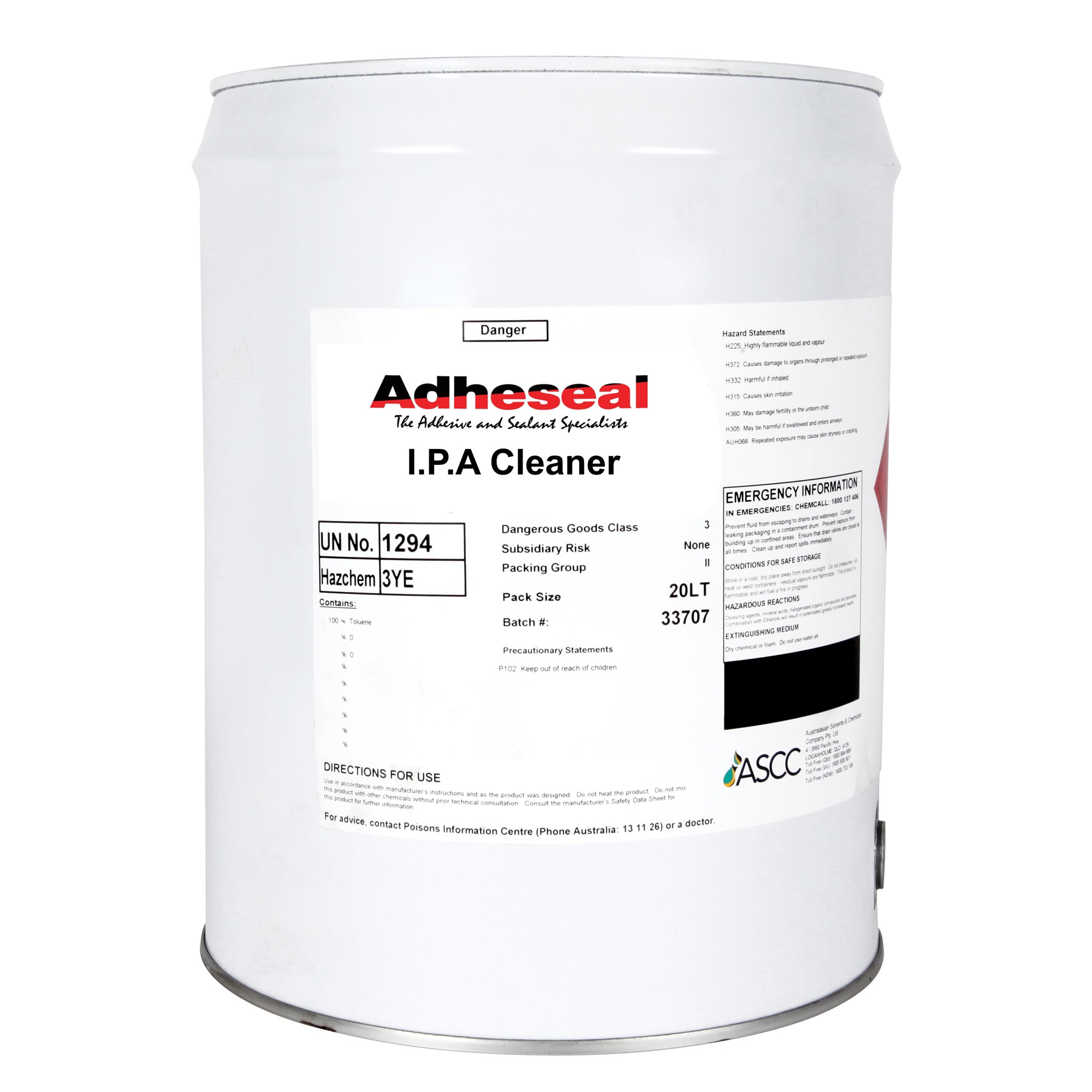 Adheseal 20L IPA Cleaner drum: pure isopropyl alcohol wipes contaminants for secure polyurethane sealant bonds and waterpr...