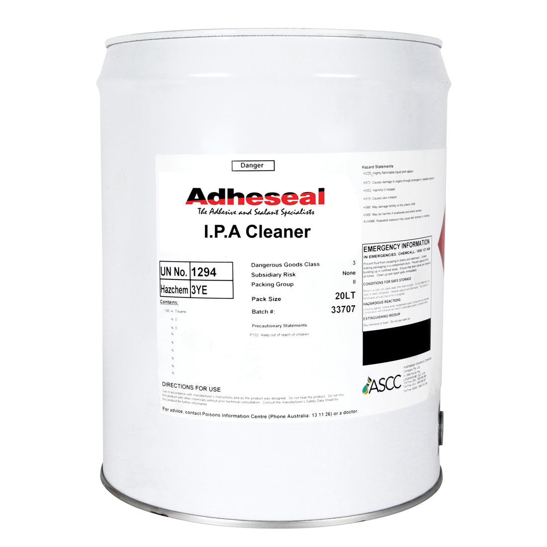 Adheseal 20L IPA Cleaner drum: pure isopropyl alcohol wipes contaminants for secure polyurethane sealant bonds and waterpr...