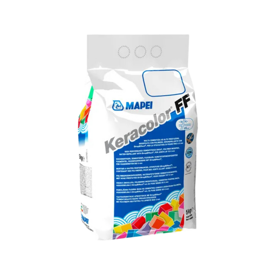 Mapei Keracolor FF Bioblock 5kg grout bag: mould-resistant, water-repellent tiling grout for wet areas, pools & high-traff...
