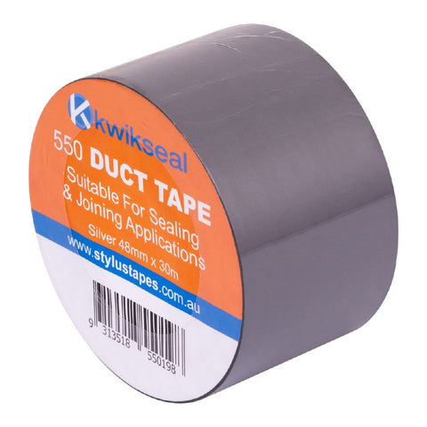 Silver Kwikseal 550 PVC duct tape roll, 48mm x 30m, for secure sealing of HVAC ducts, sheeting and construction joints.
