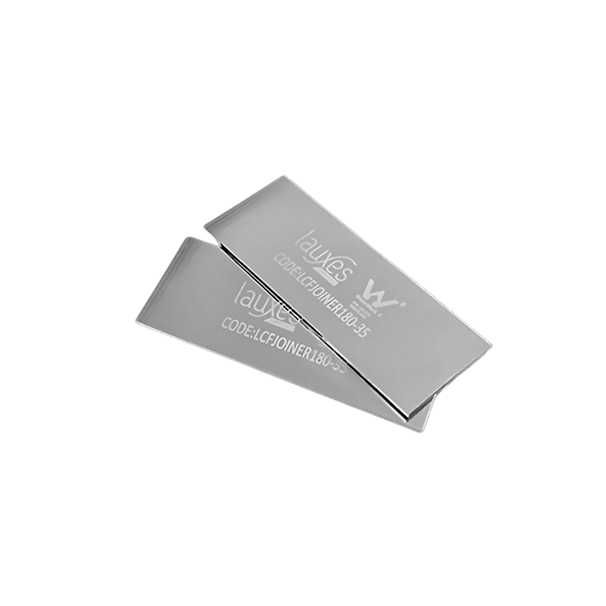 Pair of anodised aluminium Lauxes 180° grate joiners (silver) for rustproof, tool-free linear drain extension.