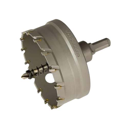 Lauxes Grates 72mm TCT hole saw w/ integrated arbor & pilot drill for precise aluminium cuts in pop waste outlets for show...