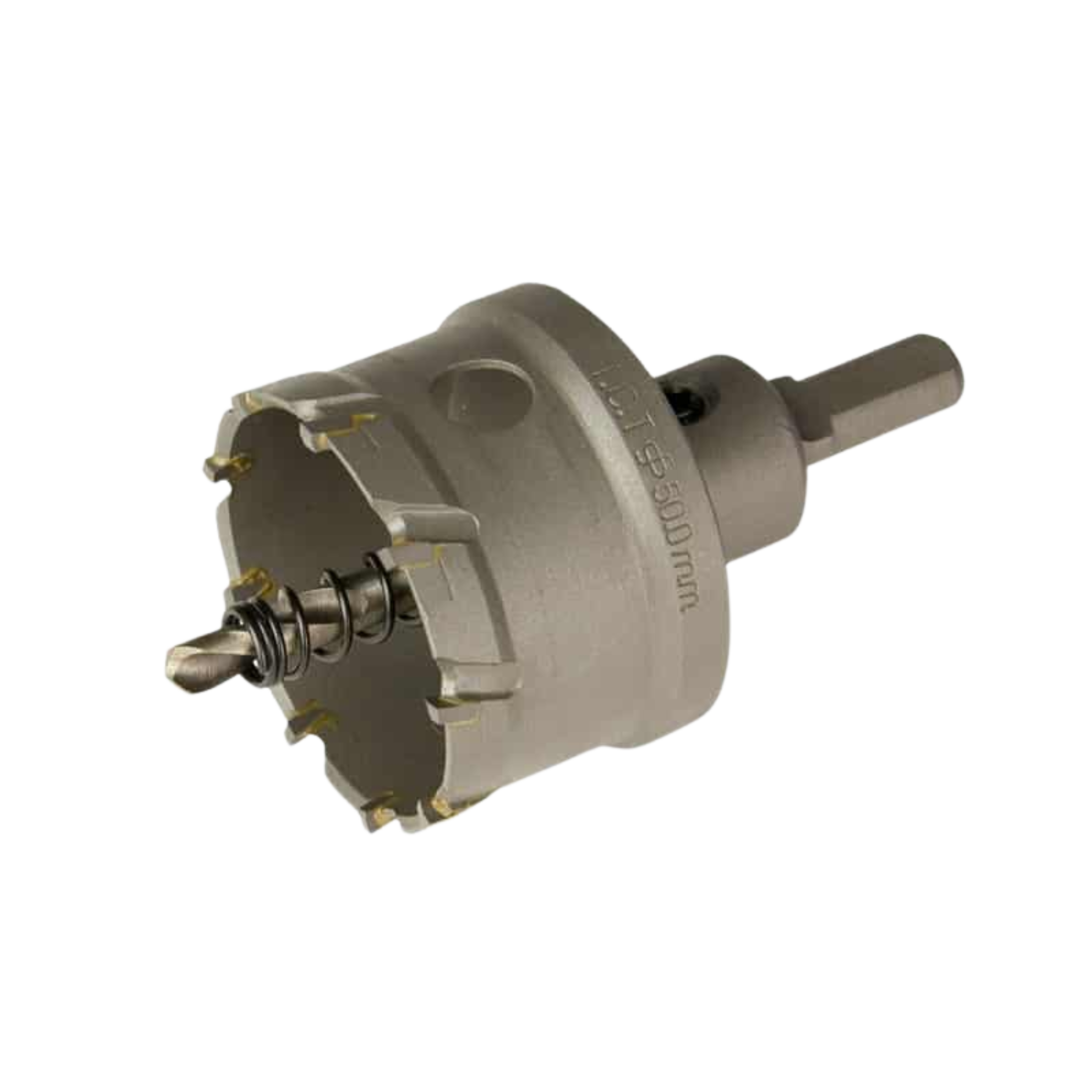 Lauxes TCT hole saw (50mm) w/ arbor & pilot drill for clean aluminium cuts in pop waste outlets, shower grates, wet areas.