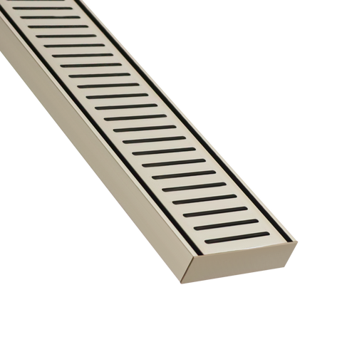 Anodised aluminium NXT26 linear grate, 26mm deep for flush tile showers; anti-tracking prevents water migration under tile...