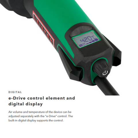 Leister Triac AT heat gun with e-Drive digital display for precise thermoplastic membrane welding and sealing.