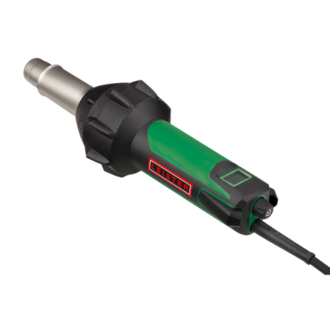 Leister green heat gun with black nozzle, ergonomic grip, power switch & cord for professional hot air tasks.