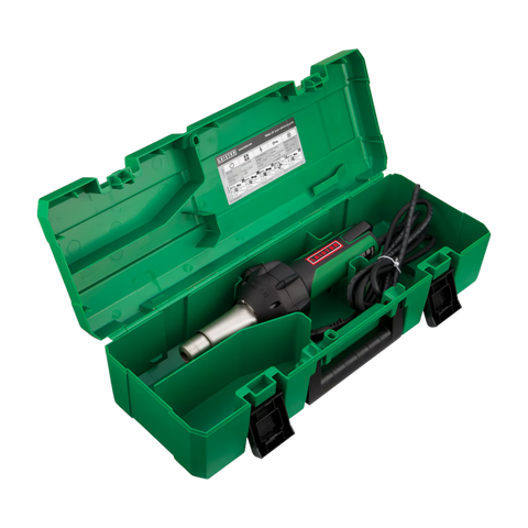 Leister Triac AT heat gun in green case for precise welding of waterproofing membranes and thermoplastic seams.