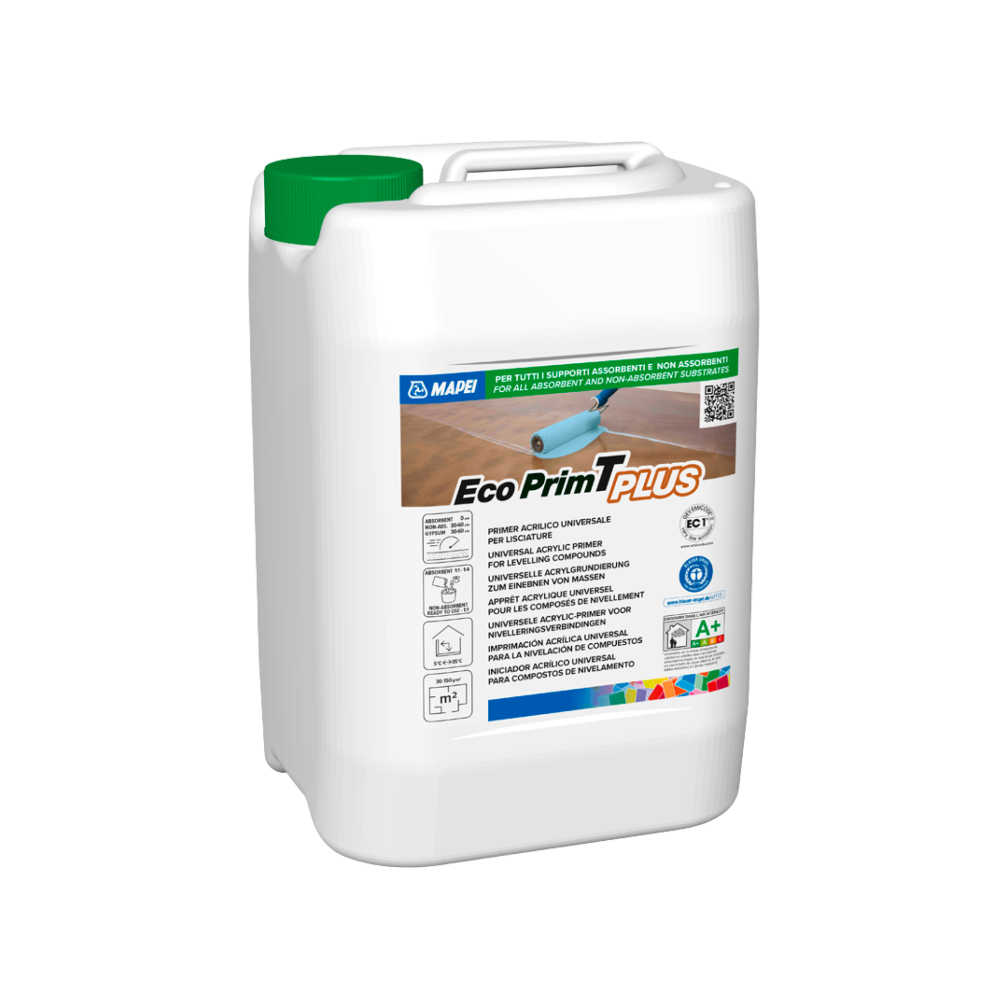 Mapei Eco Prim T Plus 20kg pail & roller: low VOC acrylic primer boosts adhesion on concrete, timber & tiles for secure fl...
