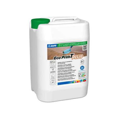 Mapei Eco Prim T Plus 20kg pail & roller: low VOC acrylic primer boosts adhesion on concrete, timber & tiles for secure fl...