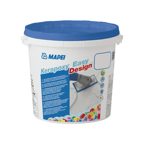 MAPEI Easy Kerapoxy Design epoxy grout bucket - white pail, blue lid, trowel on colorful tiles