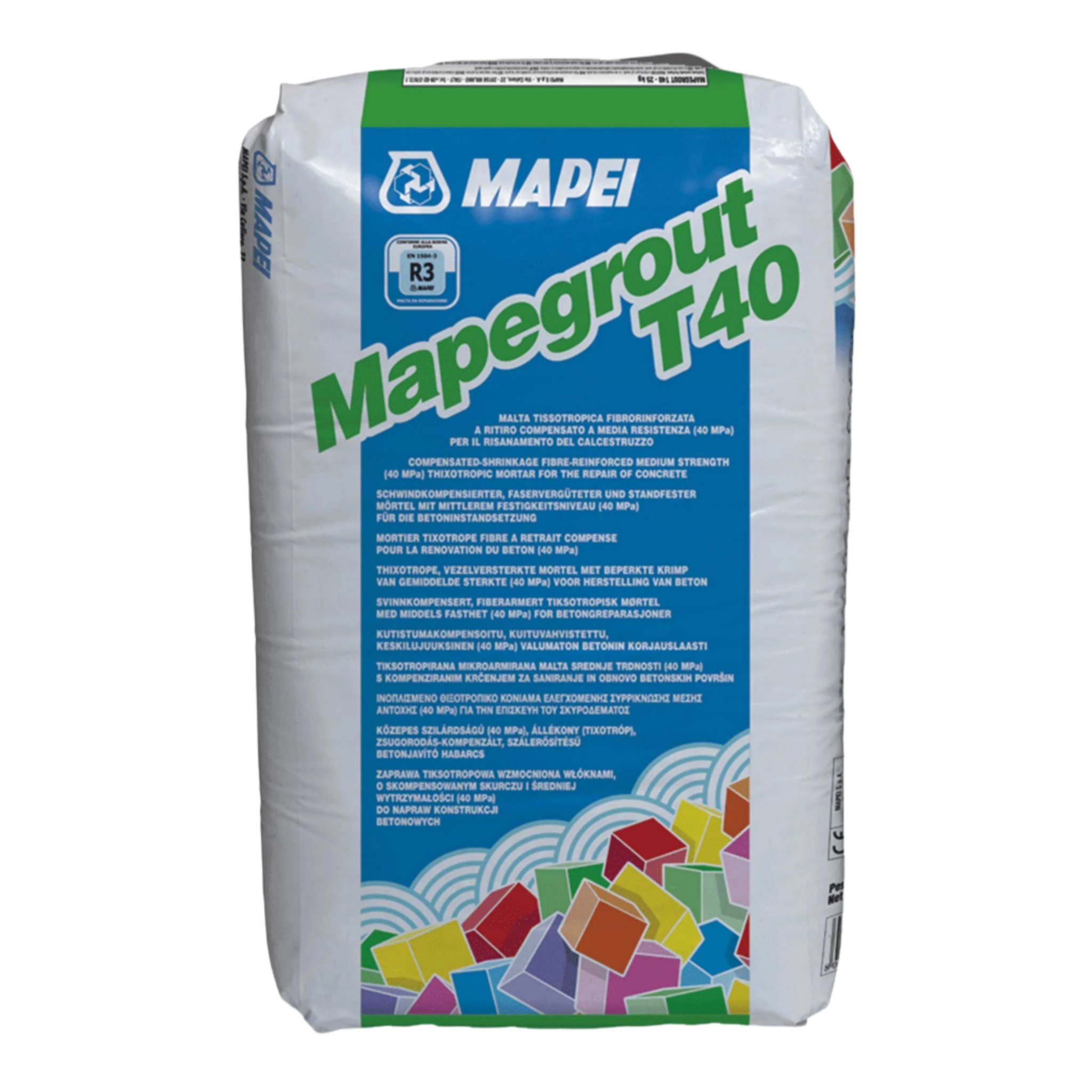 Mapei Mapegrout T40 R3 bag: thixotropic fibre-reinforced mortar for slump-free vertical concrete repairs on beams, pillars...