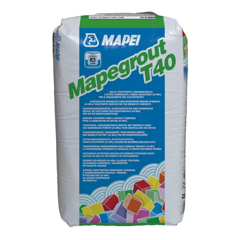 Mapei Mapegrout T40 R3 bag: thixotropic fibre-reinforced mortar for slump-free vertical concrete repairs on beams, pillars...