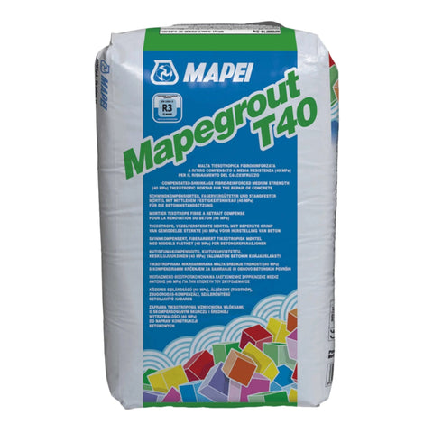 Mapei Mapegrout T40 R3 bag: thixotropic fibre-reinforced mortar for slump-free vertical concrete repairs on beams, pillars...