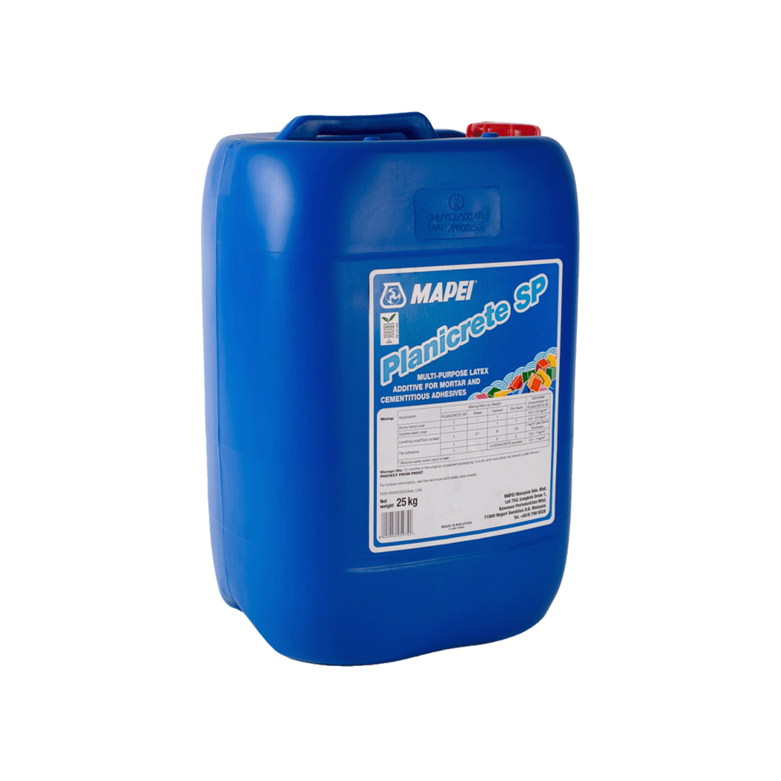 Mapei Planicrete SP 25kg container. Latex additive for mortar, screeds, and tile adhesives ensuring high bond strength.