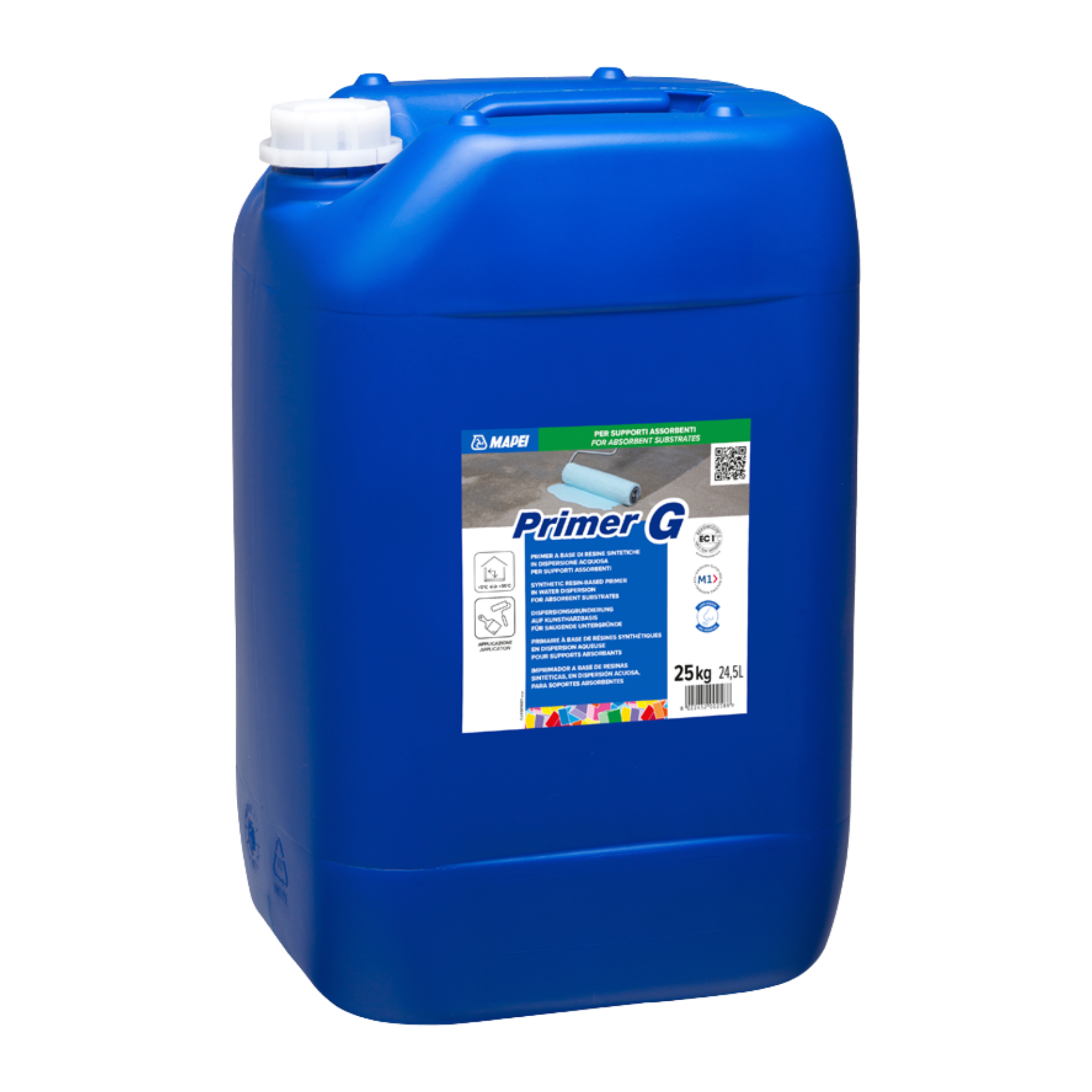Mapei Primer G 25L blue jerrycan: water-based primer consolidates gypsum substrates for tile adhesive bond.