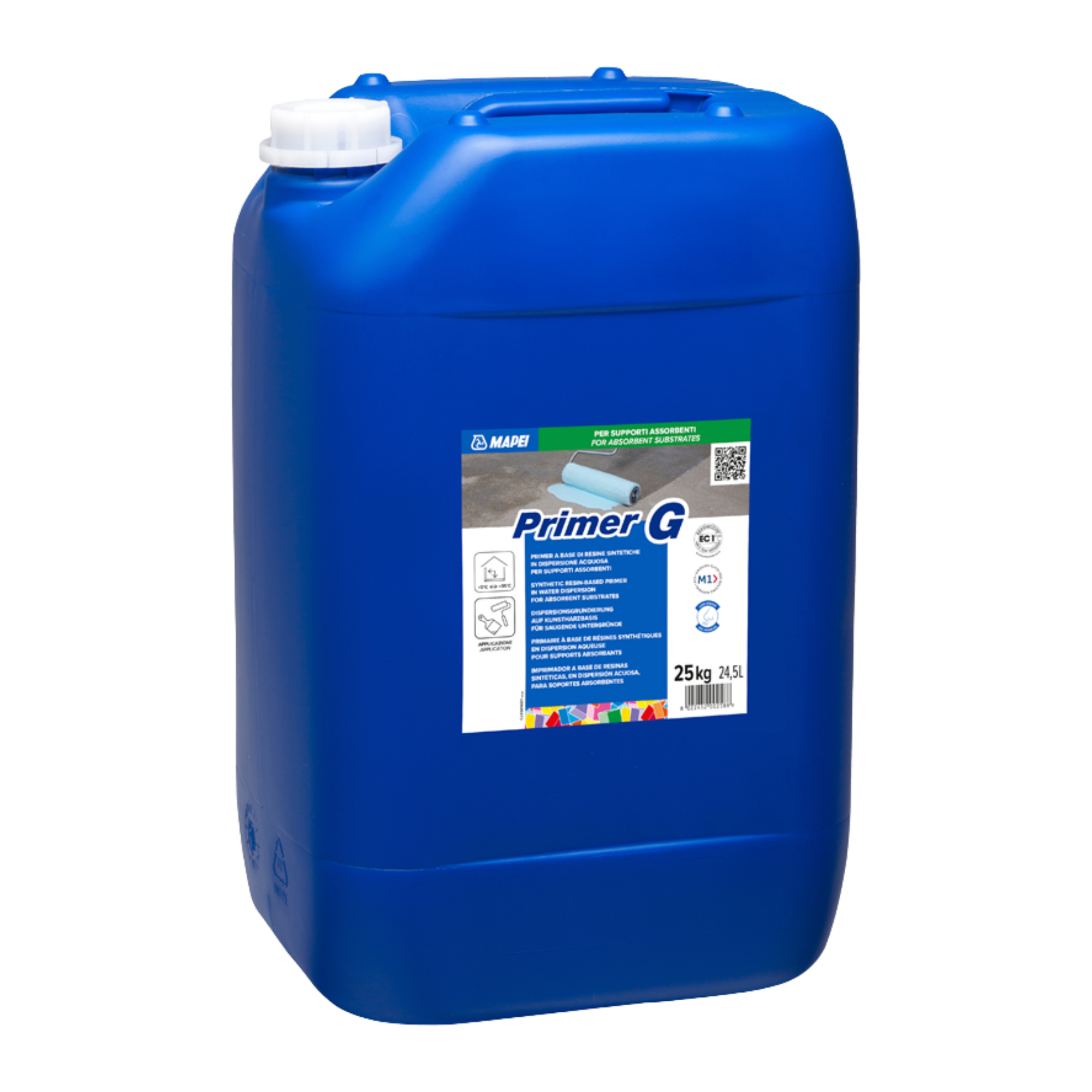 Mapei Primer G 25L blue jerrycan: water-based primer consolidates gypsum substrates for tile adhesive bond.