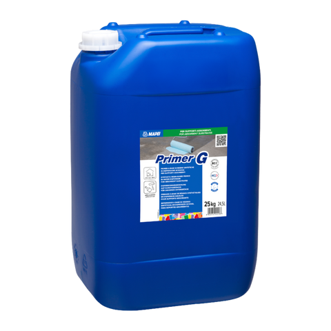 Mapei Primer G 25L blue jerrycan: water-based primer consolidates gypsum substrates for tile adhesive bond.