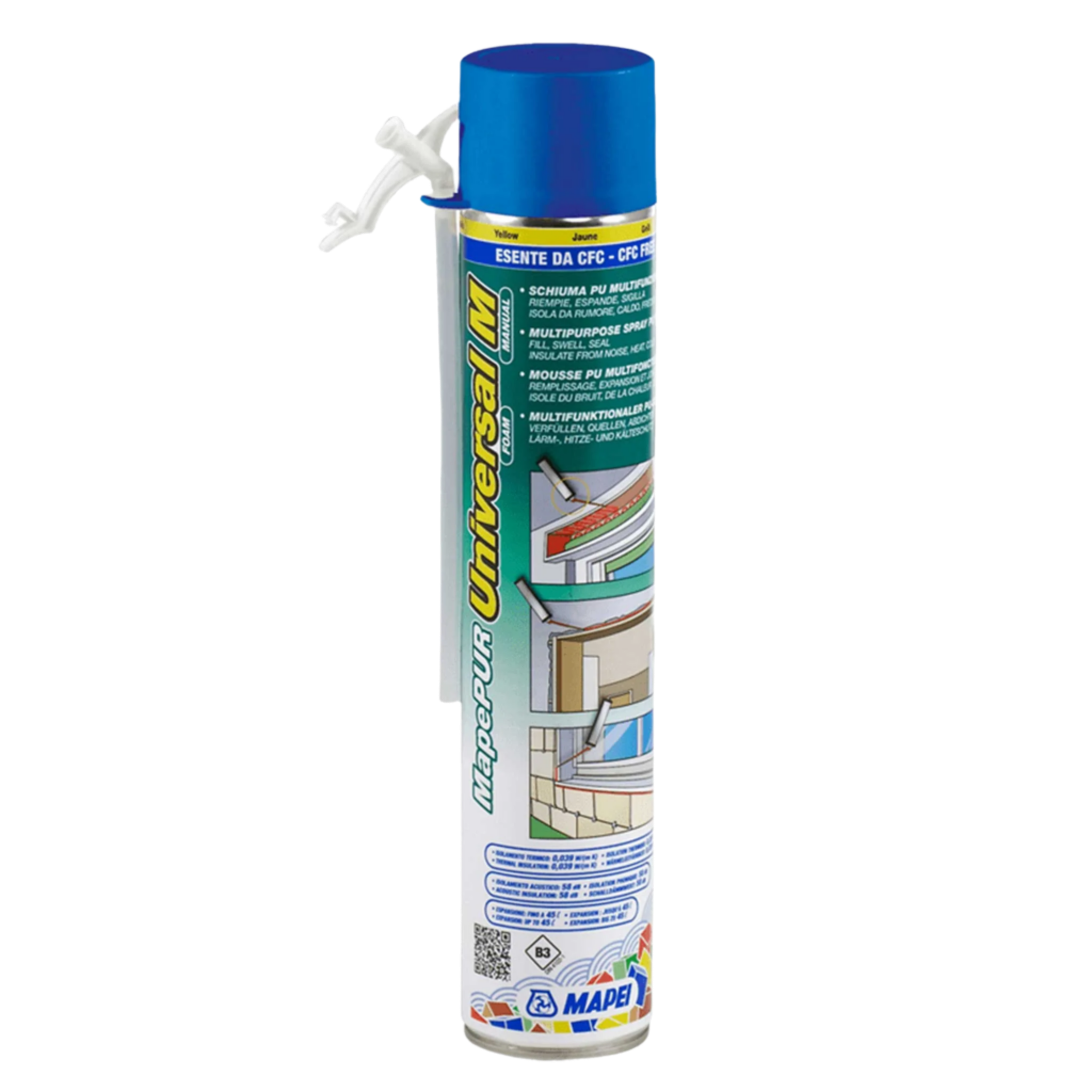 MapePUR Universal Foam M/G blue aerosol can with nozzle; expanding PU foam fills gaps, seals joints, insulates thermally/a...