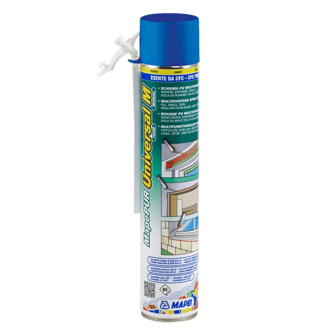 MapePUR Universal Foam M/G blue aerosol can with nozzle; expanding PU foam fills gaps, seals joints, insulates thermally/a...