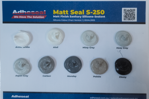 Adheseal Matt Seal S-250 matt sanitary silicone colour chart: Arctic White to Ebony shades for mould-resistant wet area jo...