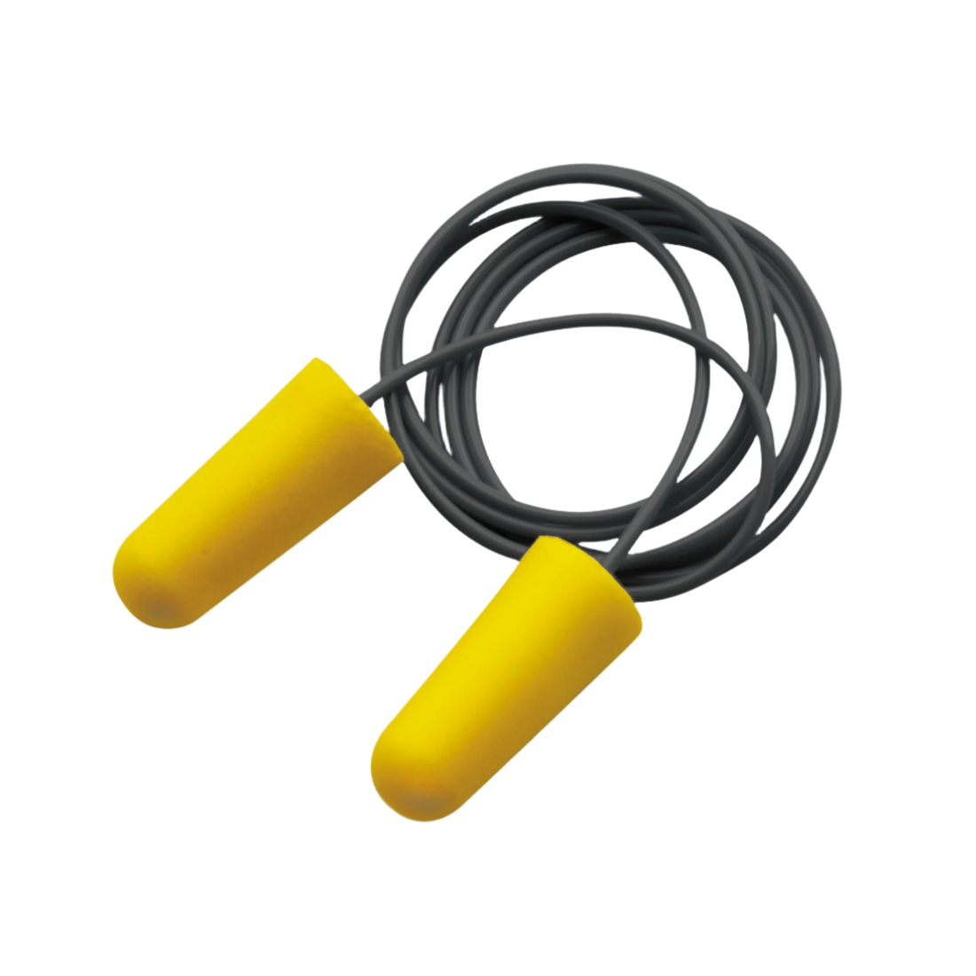Yellow corded MaxiPlug Class 5 earplugs: tapered foam, 26dB SLC80 for construction noise protection.