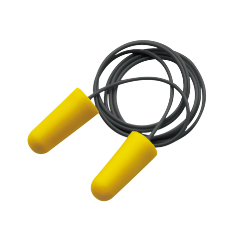 Yellow corded MaxiPlug Class 5 earplugs: tapered foam, 26dB SLC80 for construction noise protection.